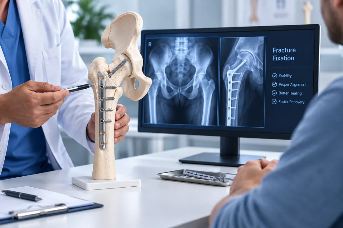 Doctor consulting with a patient using a fracture model and X-rays showing plate and screw fixation