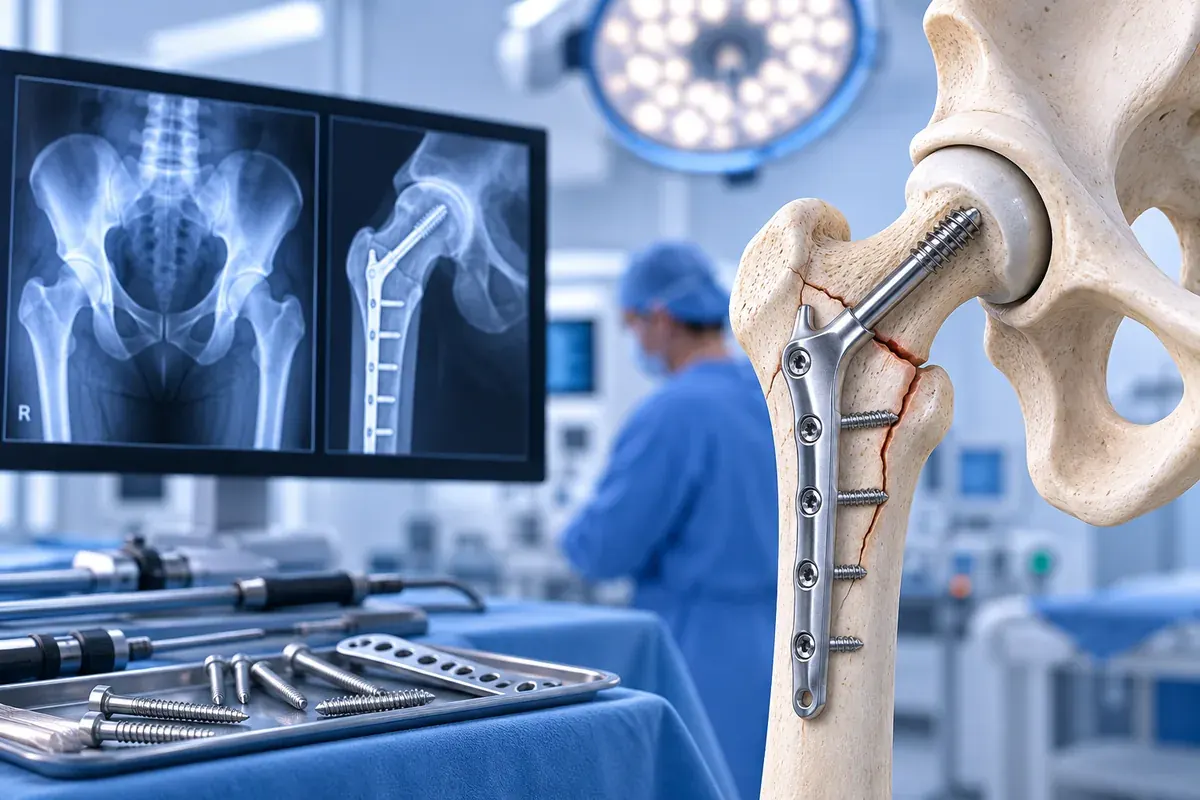 Femur fracture stabilised with a plate and screws, with X-ray imaging and an instrument tray in the background