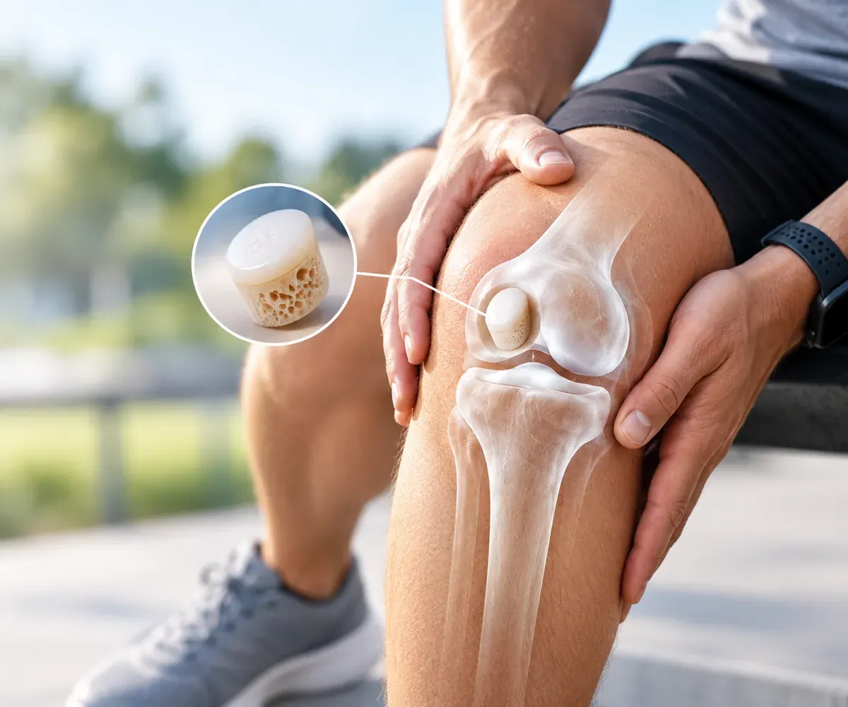 Person holding a painful knee, with an osteochondral graft plug transplant illustrated on the joint