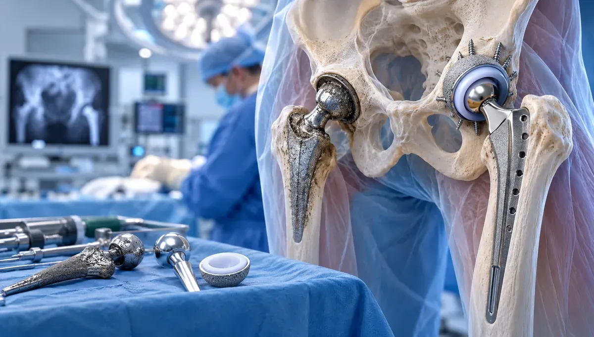 A worn hip implant beside a new revision hip implant secured with screws