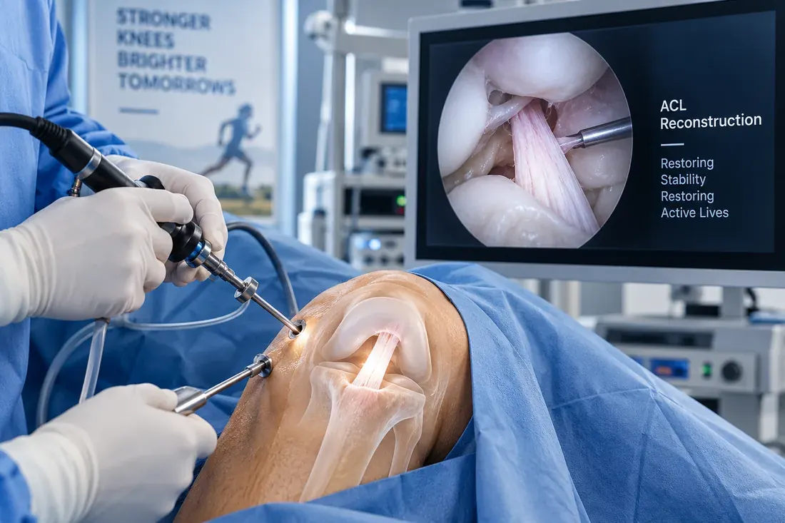 Surgeon performing arthroscopic ACL reconstruction with the graft visible on the monitor