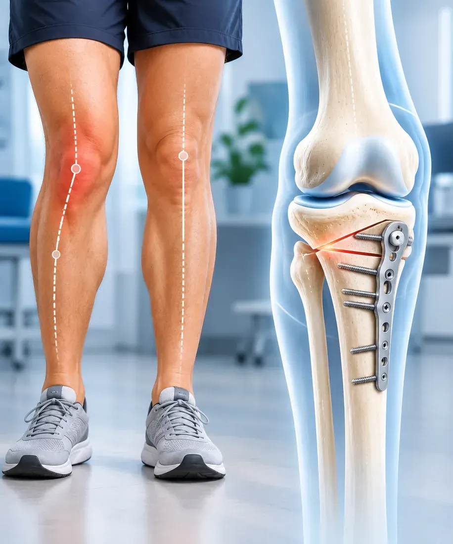 Bow-legged alignment corrected with an osteotomy plate and screws, shown beside the underlying knee anatomy