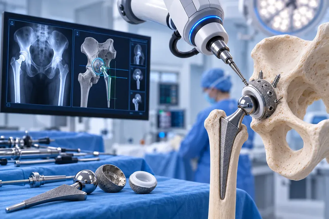 Robotic-assisted placement of a screw-fixed revision hip implant, with X-ray planning imagery in the background
