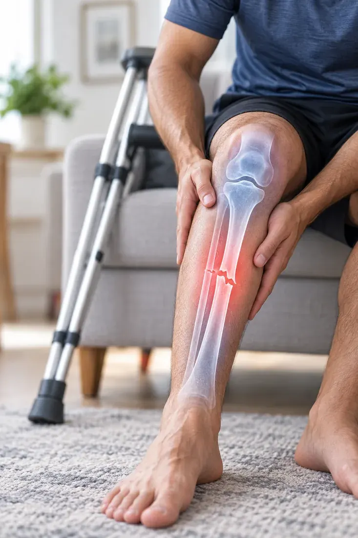 Person with crutches holding an injured leg, with an X-ray overlay highlighting an unhealed fracture