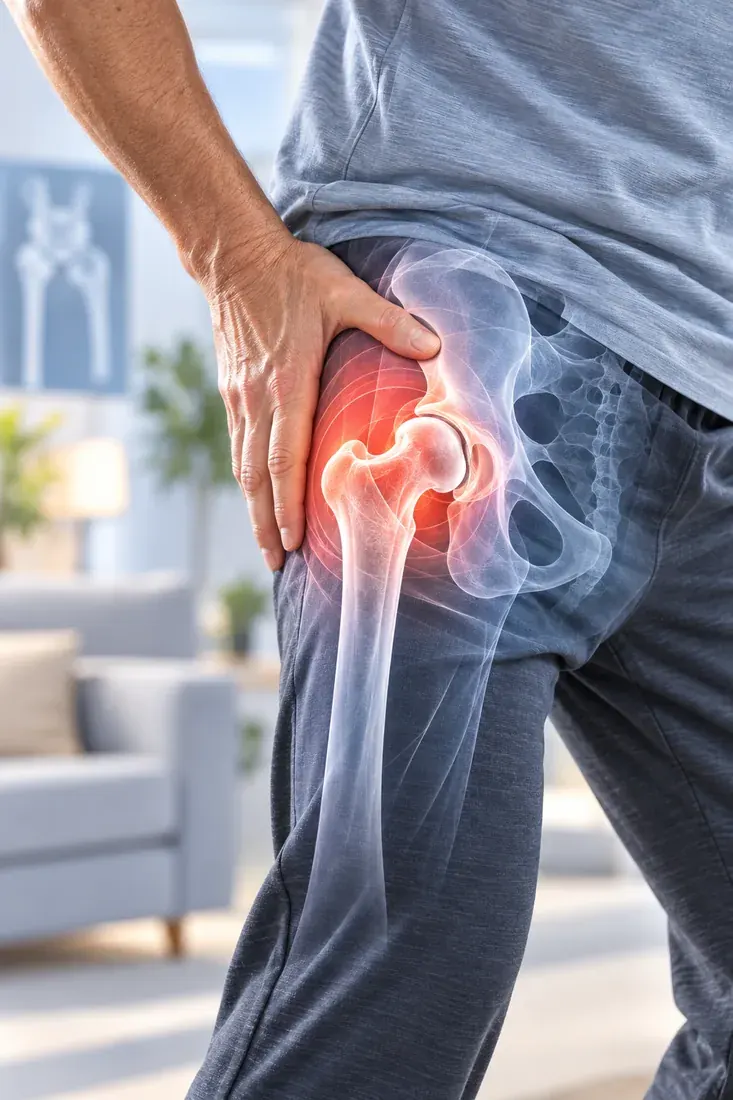 Person holding their hip in pain, with an X-ray overlay highlighting the joint